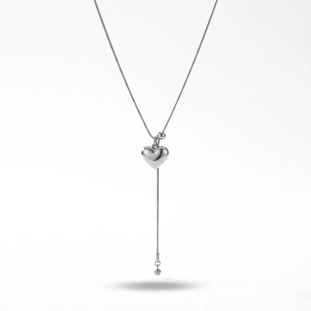QIAOREN 12917 18K Gold Plated 316L Stainless Steel Puffed Heart Y Necklace Waterproof Tarnish Free Snake Chain Lariat Jewelry
