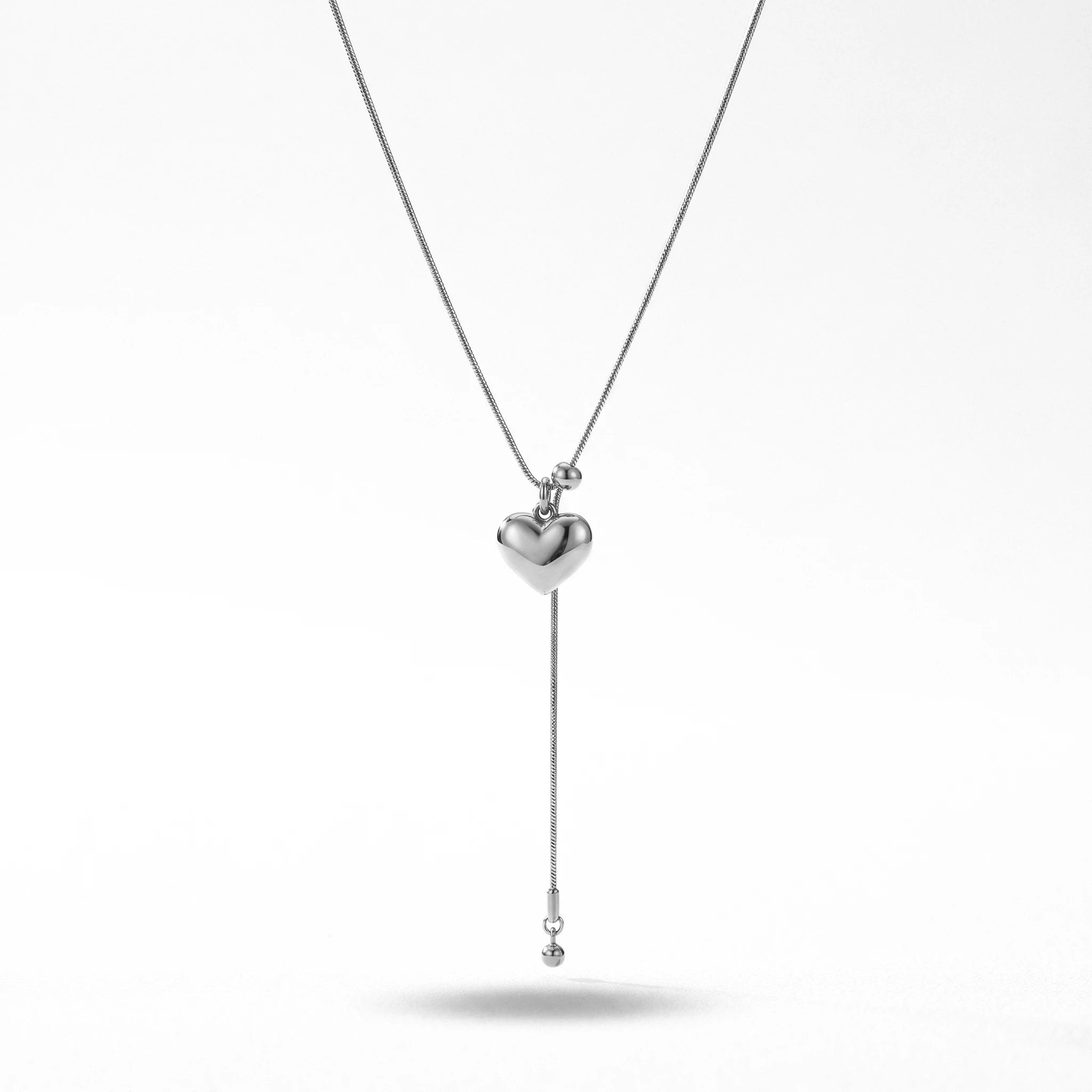 QIAOREN 12917 18K Gold Plated 316L Stainless Steel Puffed Heart Y Necklace Waterproof Tarnish Free Snake Chain Lariat Jewelry