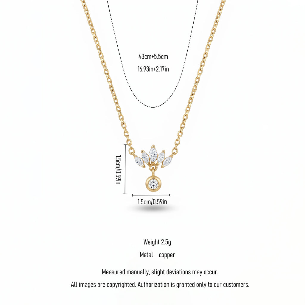 QIAOREN 13762 Thin Oval Link Chain Pendant Necklace with Marquise Cut Zircon Fan Shape Cluster Charm Hanging Round Solitaire CZ