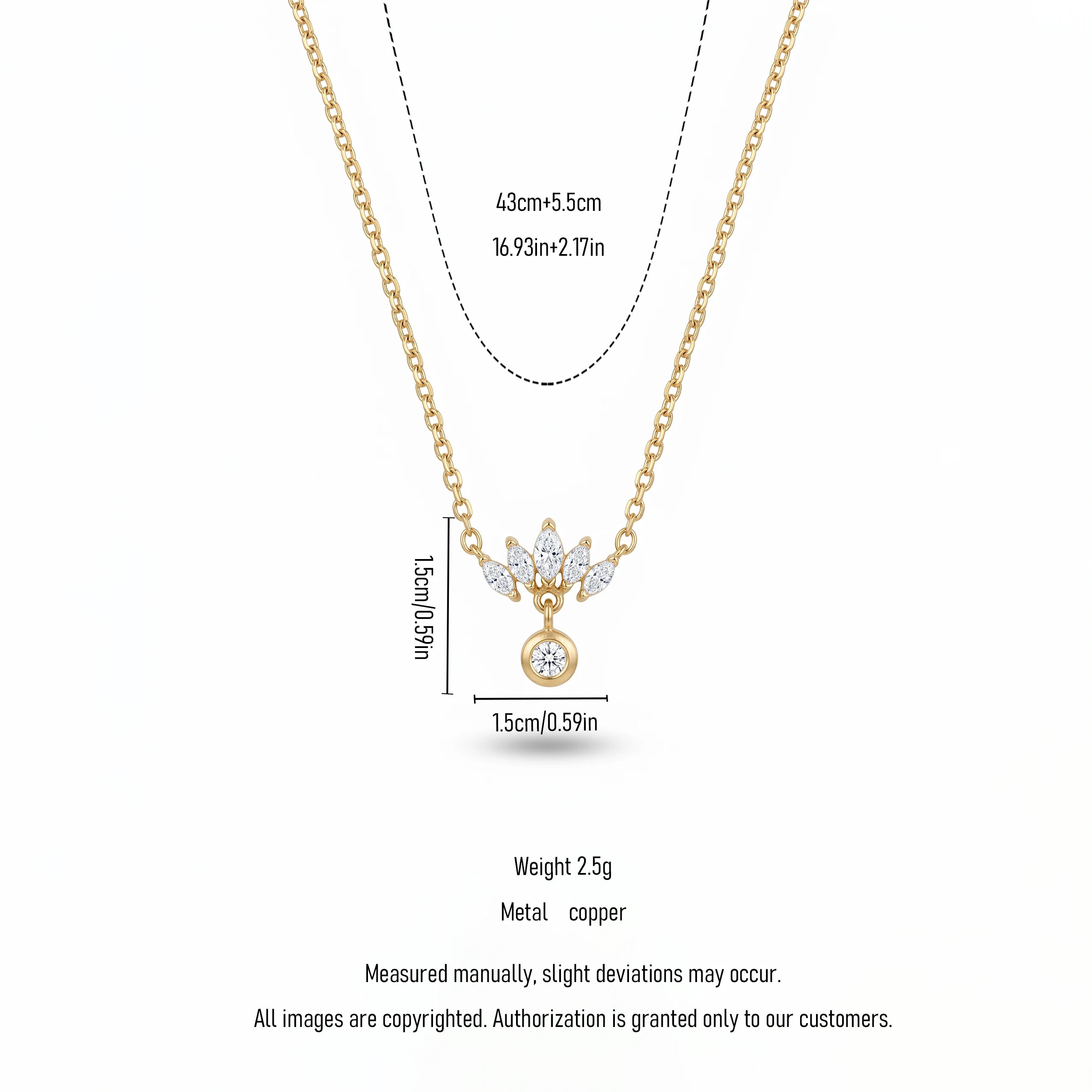 QIAOREN 13762 Thin Oval Link Chain Pendant Necklace with Marquise Cut Zircon Fan Shape Cluster Charm Hanging Round Solitaire CZ
