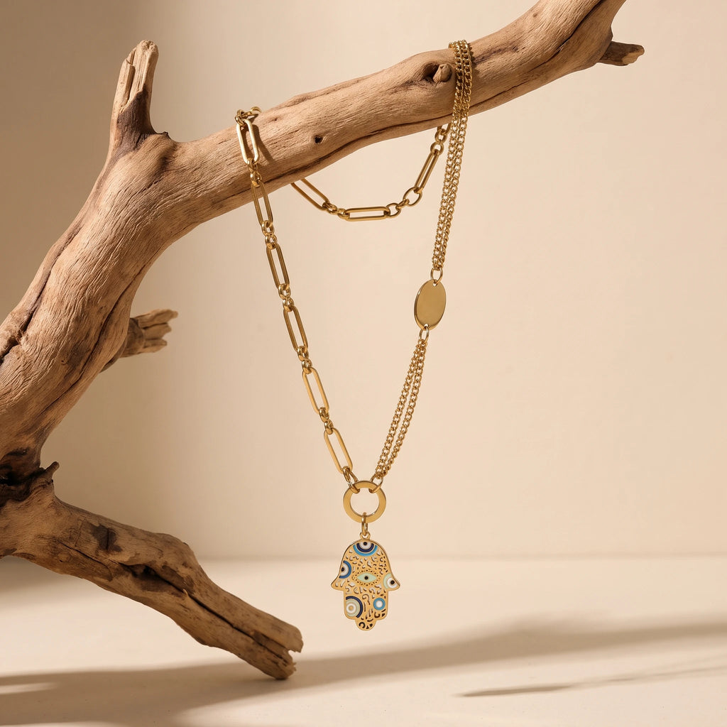 QIAOREN 14416 Mixed Link Chain Hamsa Hand Enamel Pendant Necklace, Stainless Steel Necklace Jewelry Gift for Daily Outfits