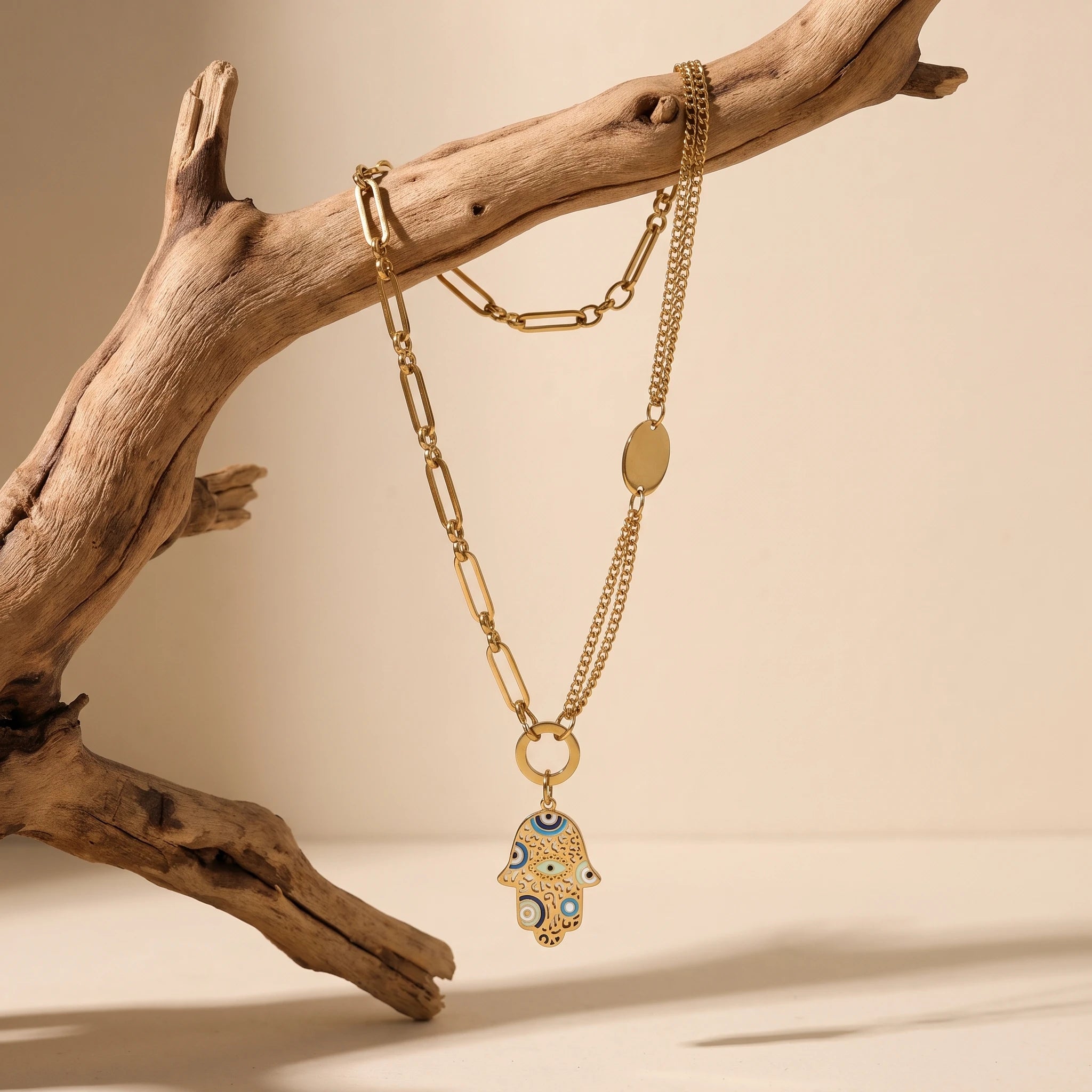 QIAOREN 14416 Mixed Link Chain Hamsa Hand Enamel Pendant Necklace, Stainless Steel Necklace Jewelry Gift for Daily Outfits