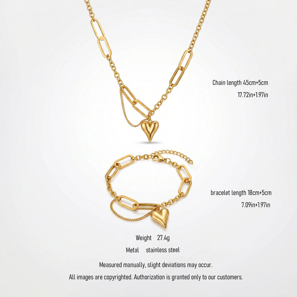 QIAOREN 10812 Stainless Steel Paperclip Chain Jewelry Set Heart Pendant Necklace Bracelet Adjustable Gold Women Matching Gift