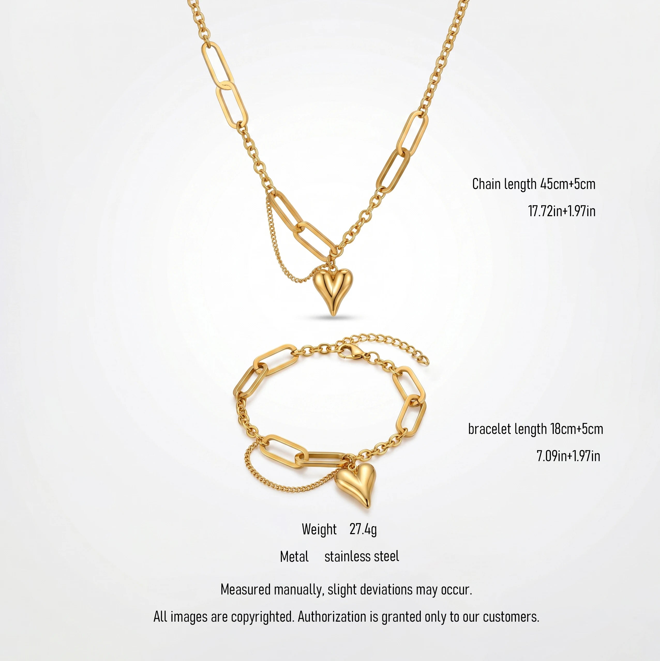 QIAOREN 10812 Stainless Steel Paperclip Chain Jewelry Set Heart Pendant Necklace Bracelet Adjustable Gold Women Matching Gift