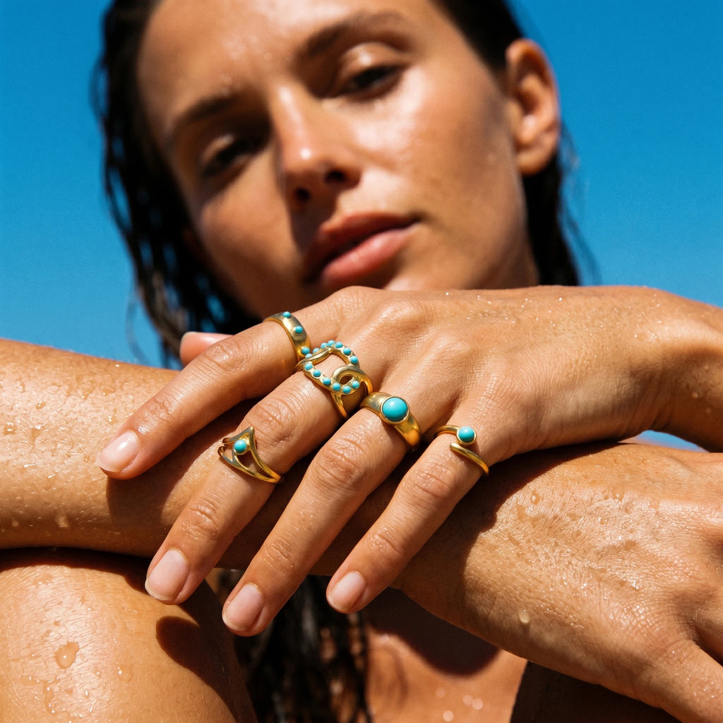 QIAOREN 5Pcs Gold Stainless Steel Turquoise Open Ring Set Irregular Hammered Crown Adjustable Boho Stackable Rings