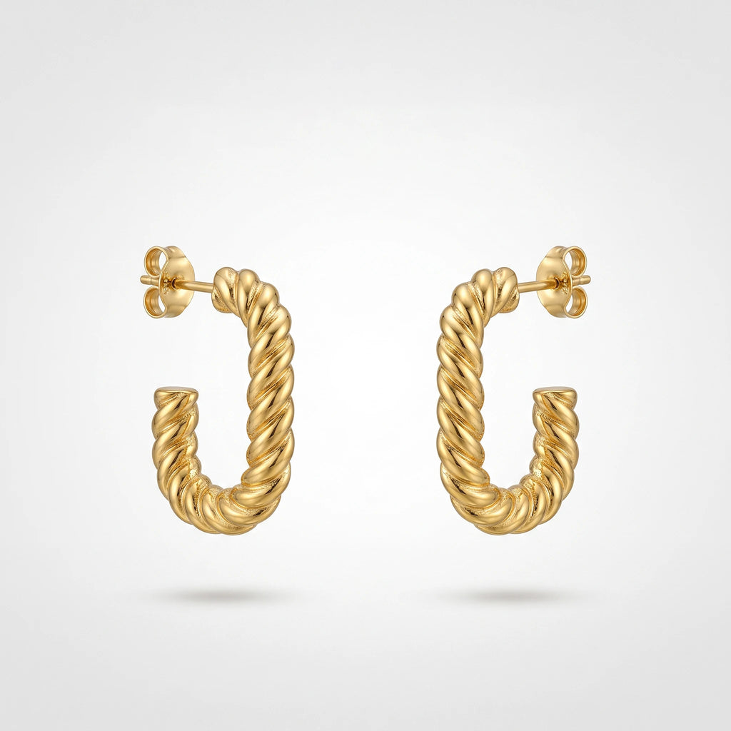 QIAOREN 13273 Gold Tone Twisted Rope C Shape Stud Earrings Textured Braided Half Circle Pin Studs Retro Minimalist Design