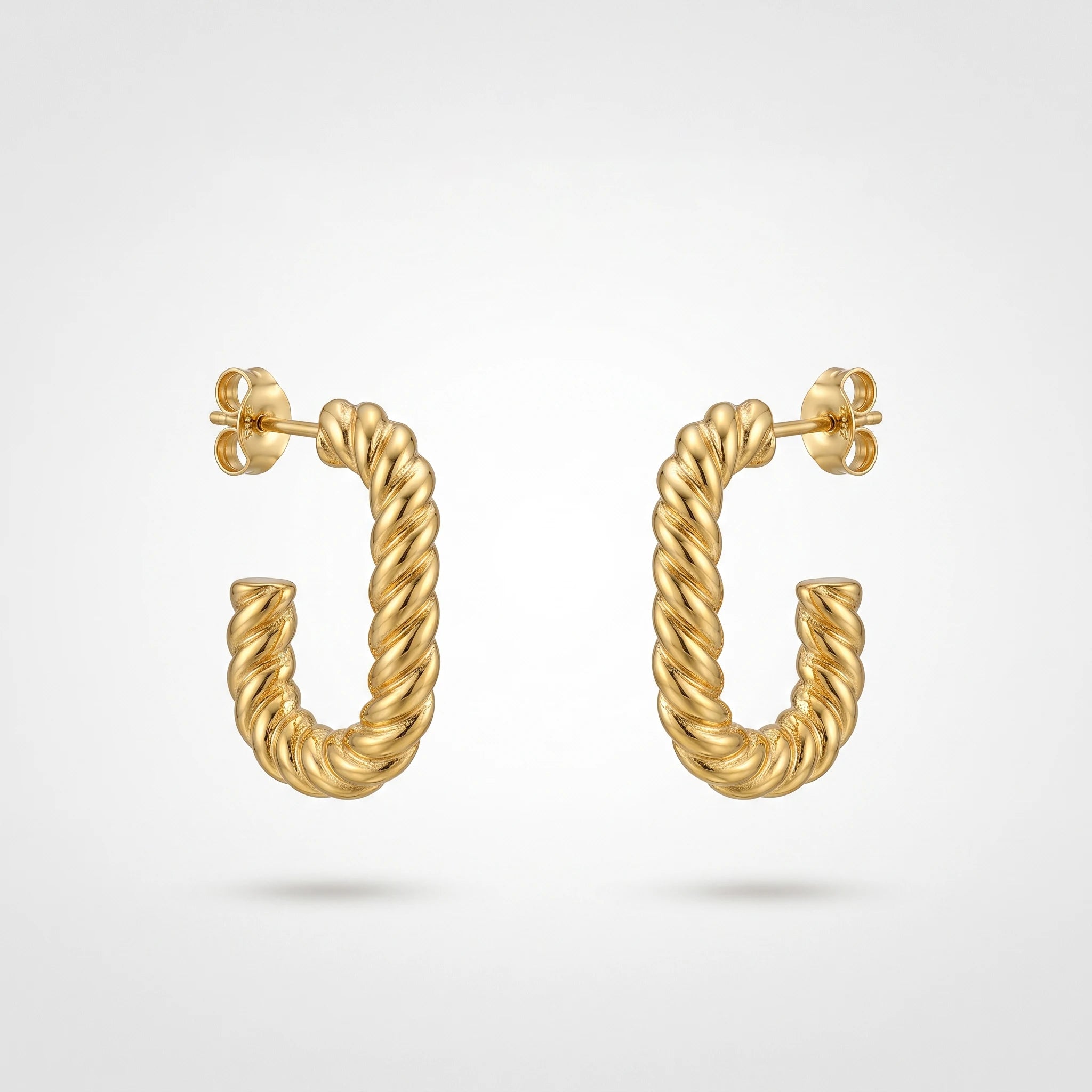 QIAOREN 13273 Gold Tone Twisted Rope C Shape Stud Earrings Textured Braided Half Circle Pin Studs Retro Minimalist Design