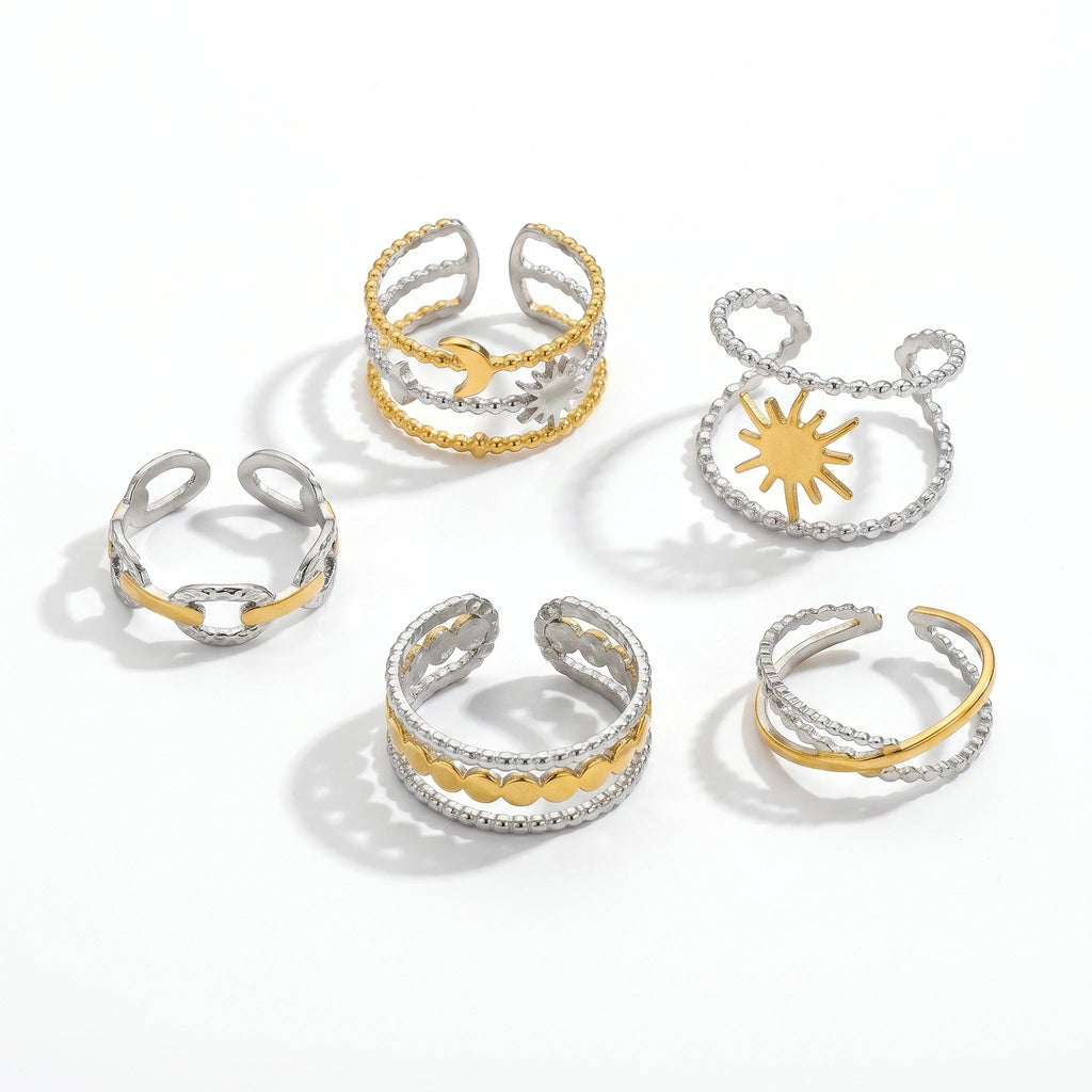 QIAOREN 13036-40 Gold Silver Plated Adjustable Open Stack Ring Set for Women Minimalist Geometric Statement Rings