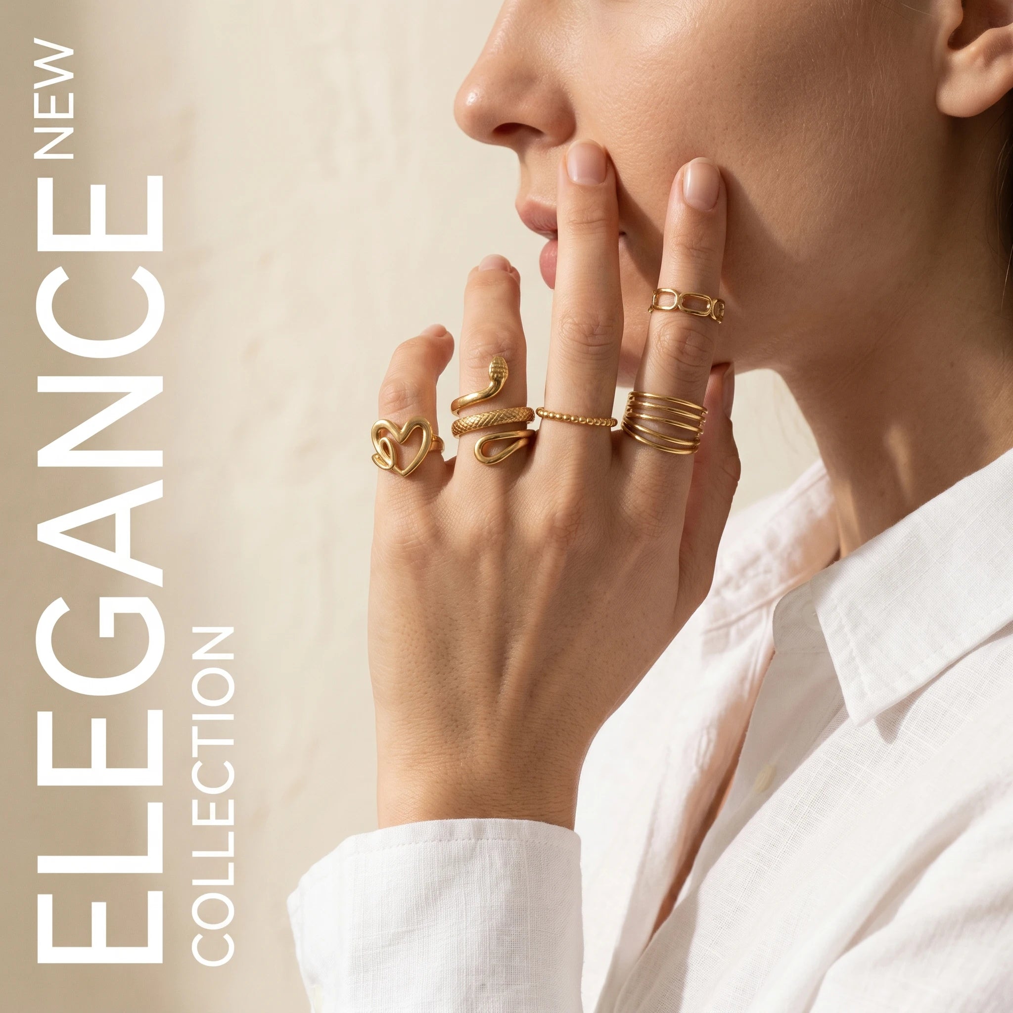 QIAOREN Stainless Steel Stackable Rings Set PVD Gold Plated Adjustable Open Ring Jewelry for Women