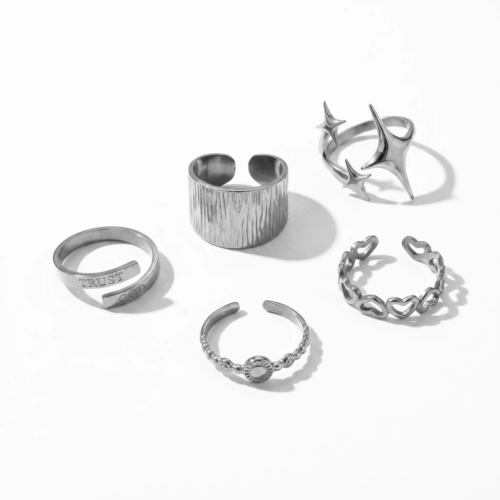 QIAOREN 5Pcs 18K Gold Plated Stainless Steel Rings Set Tarnish Free Adjustable Stackable Open Cuff Rings for Women