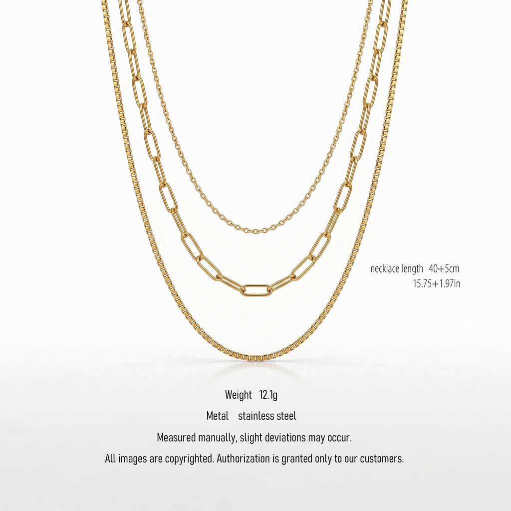 QIAOREN 10590 3 Layered Paperclip Chain Necklace 18K Gold Plated Stainless Steel Waterproof Tarnish Free Trendy Jewelry