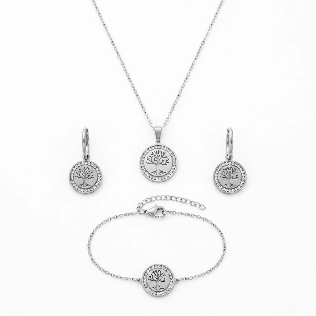 QIAOREN 11585 Waterproof 18K Gold Plated Stainless Steel Tree of Life Jewelry Set for Women Daily Wear 3 Piece
