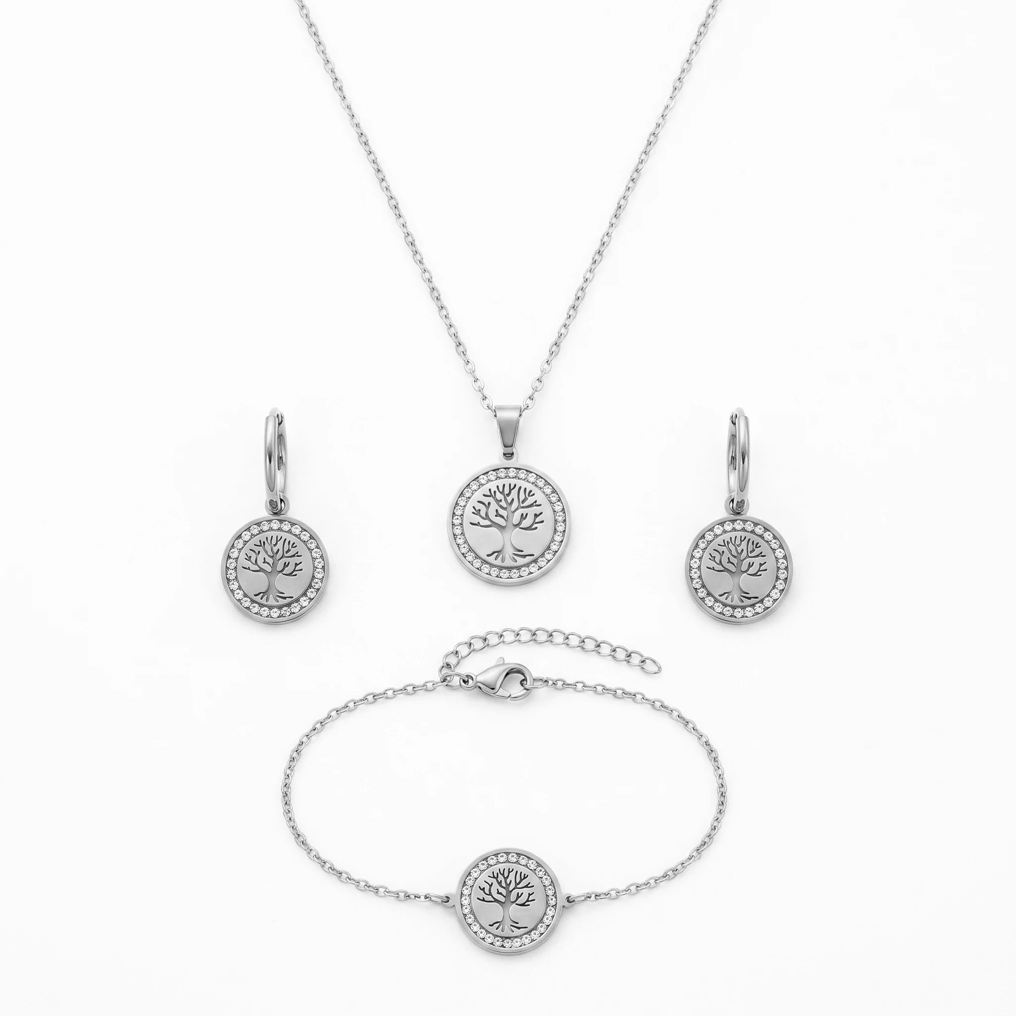 QIAOREN 11585 Waterproof 18K Gold Plated Stainless Steel Tree of Life Jewelry Set for Women Daily Wear 3 Piece
