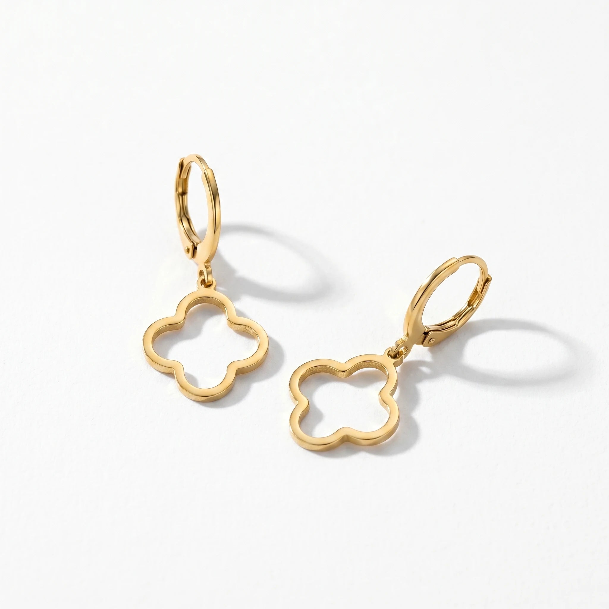 QIAOREN 10849 Waterproof Stainless Steel Clover Huggie Earrings, Gold Plated Hypoallergenic Floral Statement Jewelry