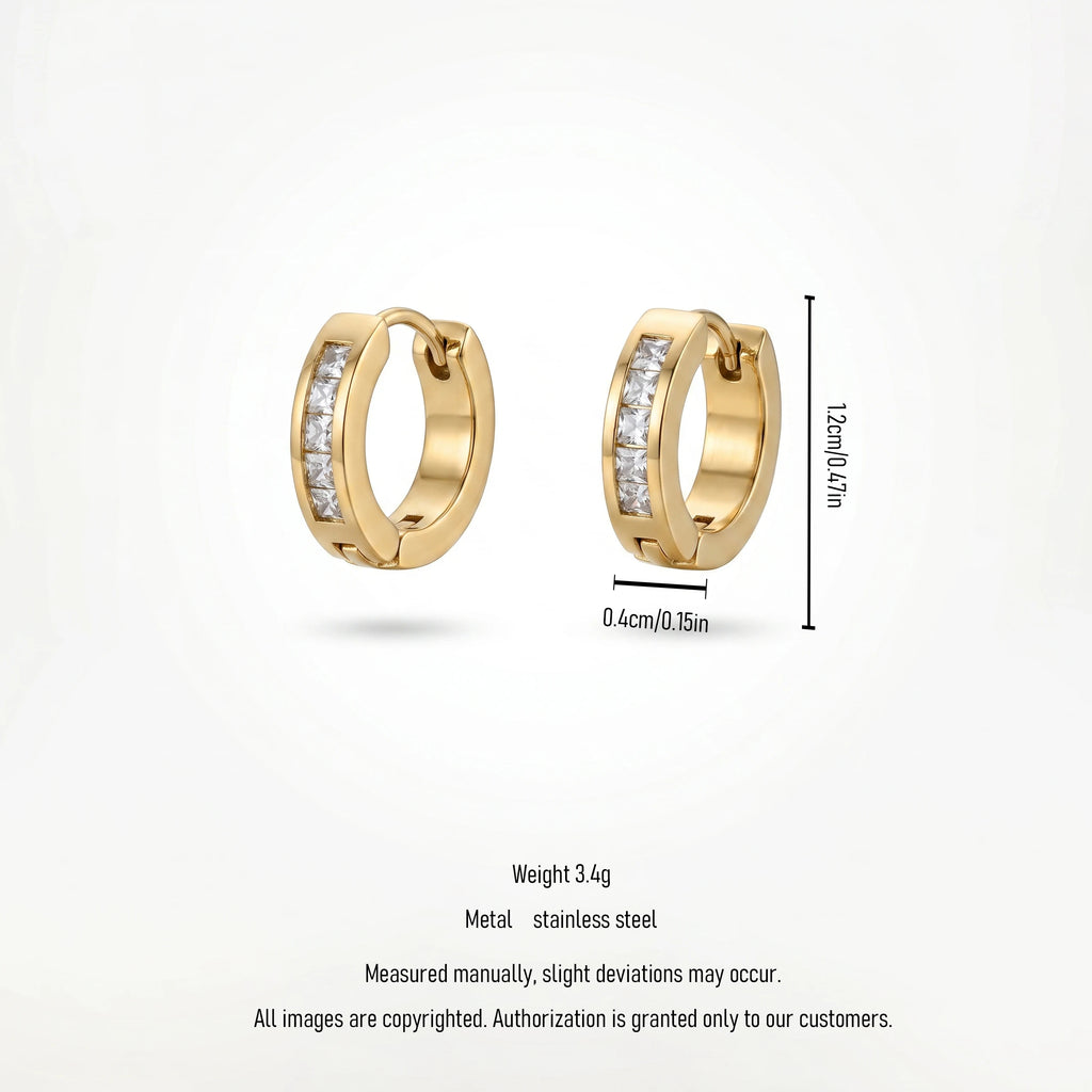 QIAOREN 12338 Princess Cut CZ Hoop Earrings Gold Stainless Steel High Polished Square Crystal Channel Set Huggies Women US EU