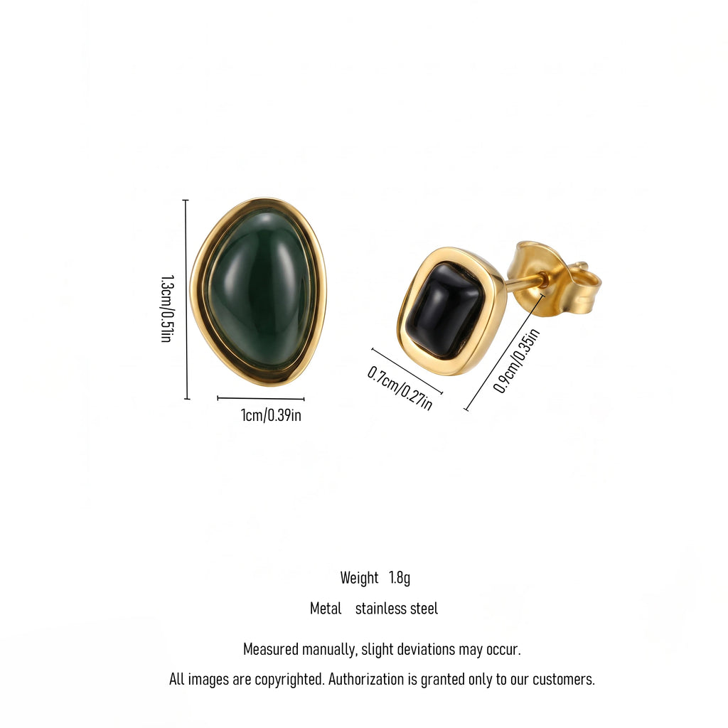 QIAOREN 13449 Gold Tone Bezel Set Oval Square Cabochon Stone Stud Earrings Multi Color Glossy Smooth Gem Ear Jewelry Gift