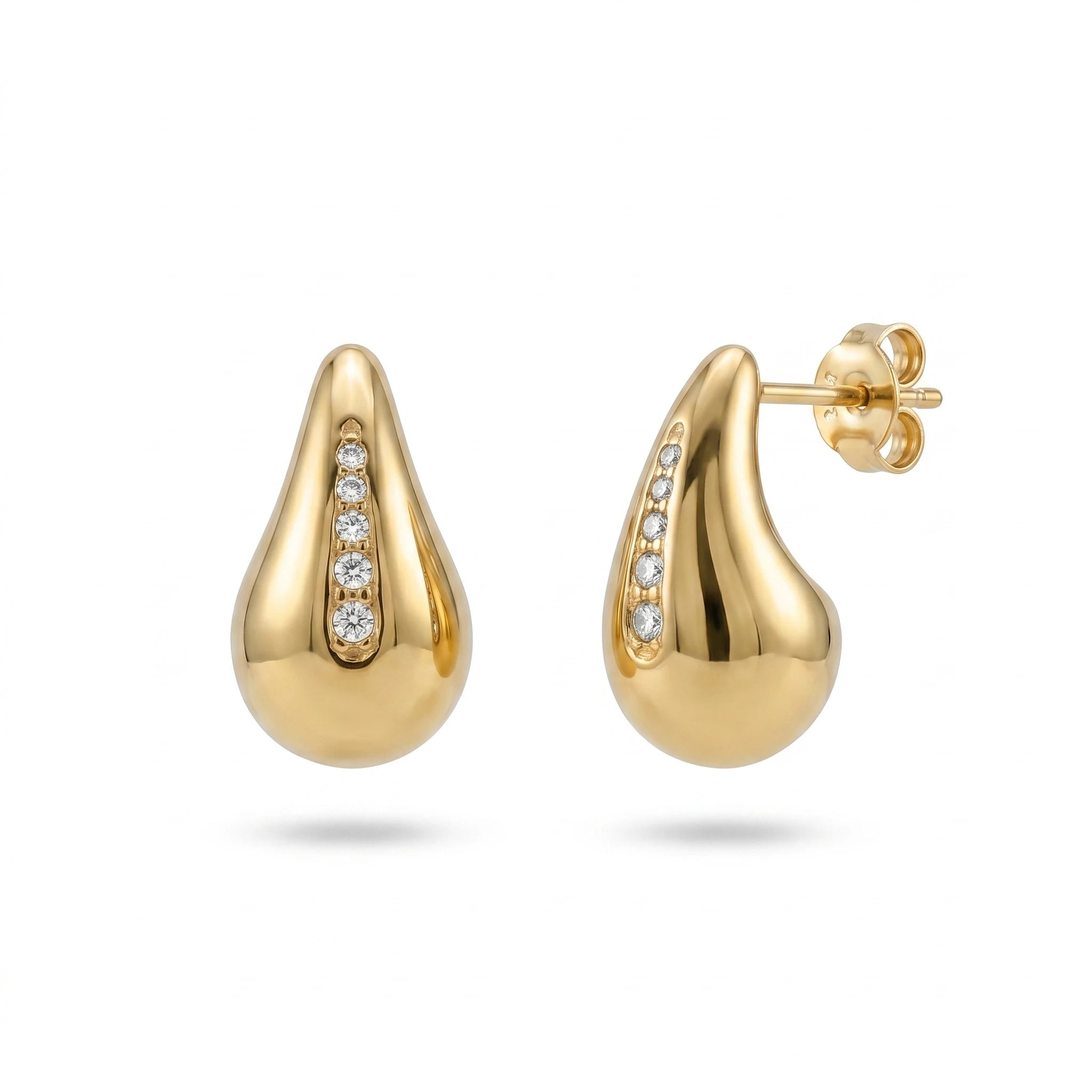 QIAOREN 12508 Tarnish Free Waterproof Gold Water Drop Earrings Stainless Steel Pave CZ Stripe Puffy Studs Women US EU