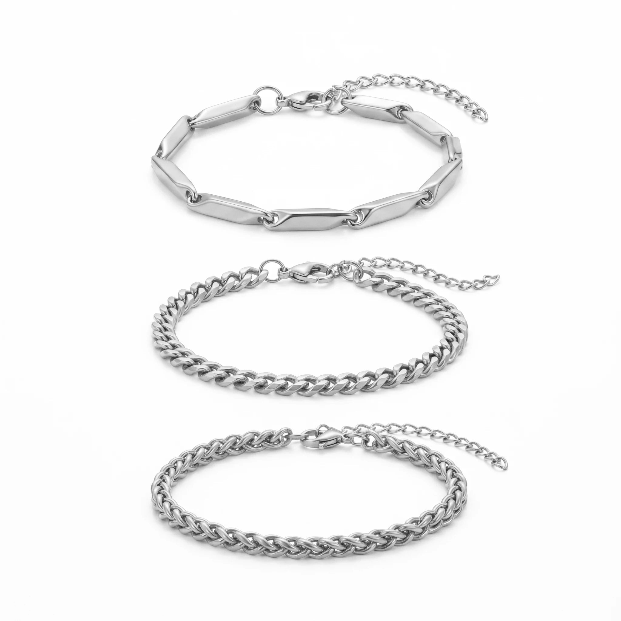 QIAOREN 11507 18K Gold Plated 3pcs Bracelet Set Elongated Paperclip Cuban Rope Chain Stainless Steel