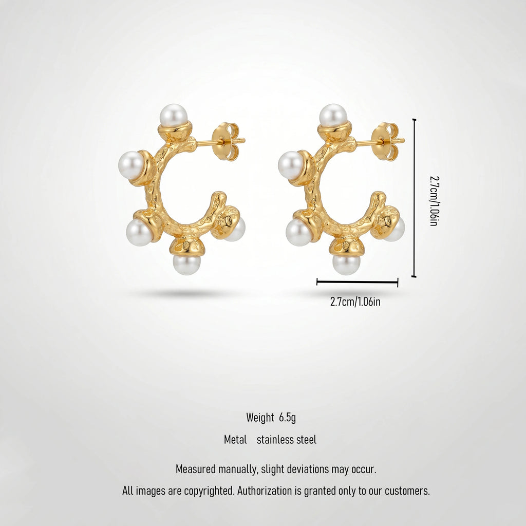 QIAOREN 12512 Tarnish Free Waterproof Molten Pearl C Hoops Gold Stainless Steel Textured Statement Earrings Women US EU