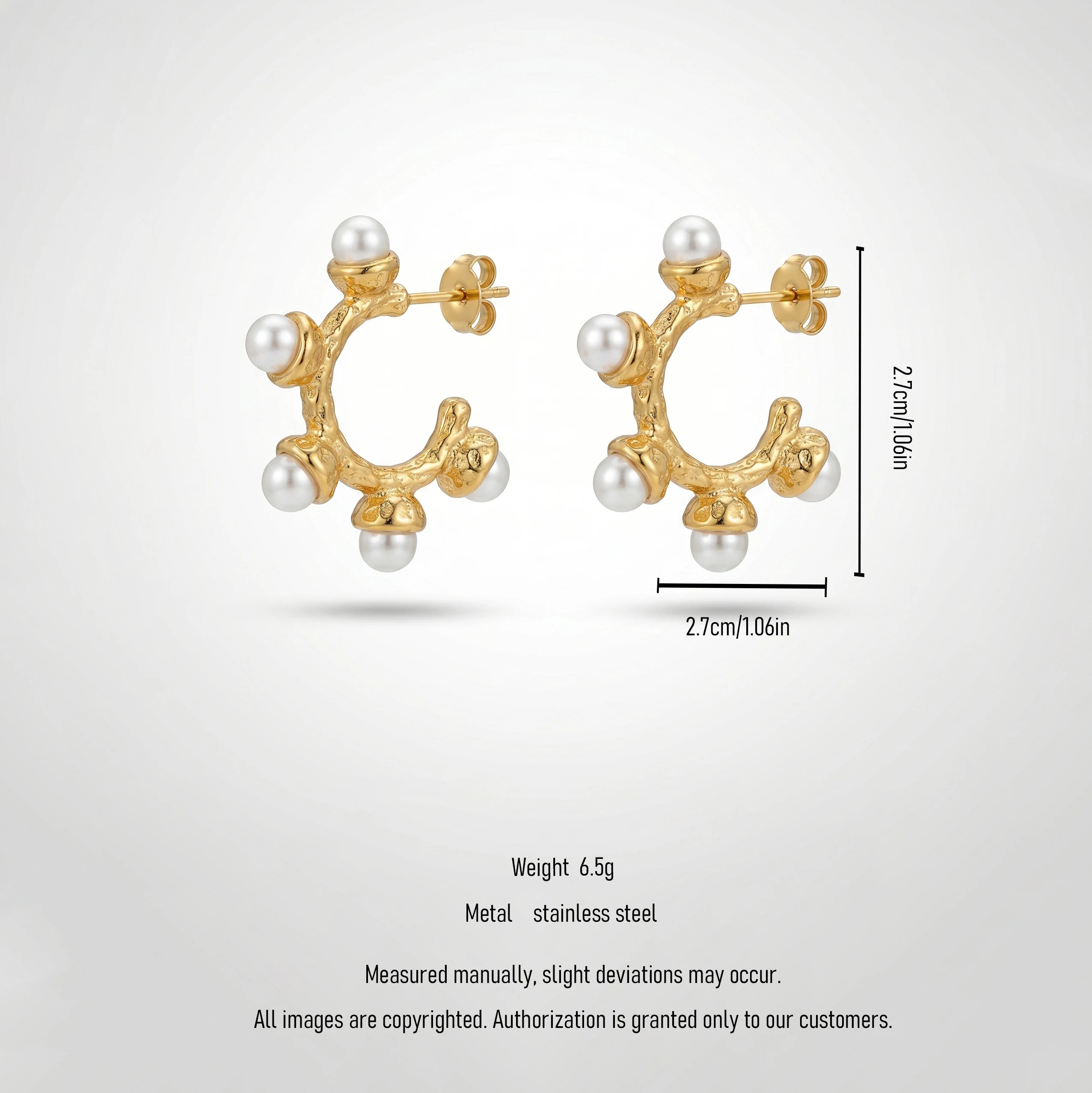 QIAOREN 12512 Tarnish Free Waterproof Molten Pearl C Hoops Gold Stainless Steel Textured Statement Earrings Women US EU
