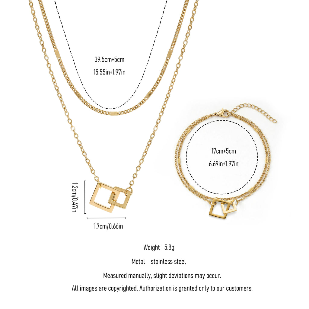 QIAOREN 11641 Women's Versatile Gold Quartz Geometric Jewelry Set 18K Stainless Steel Layered Necklace Bracelet Trendy for