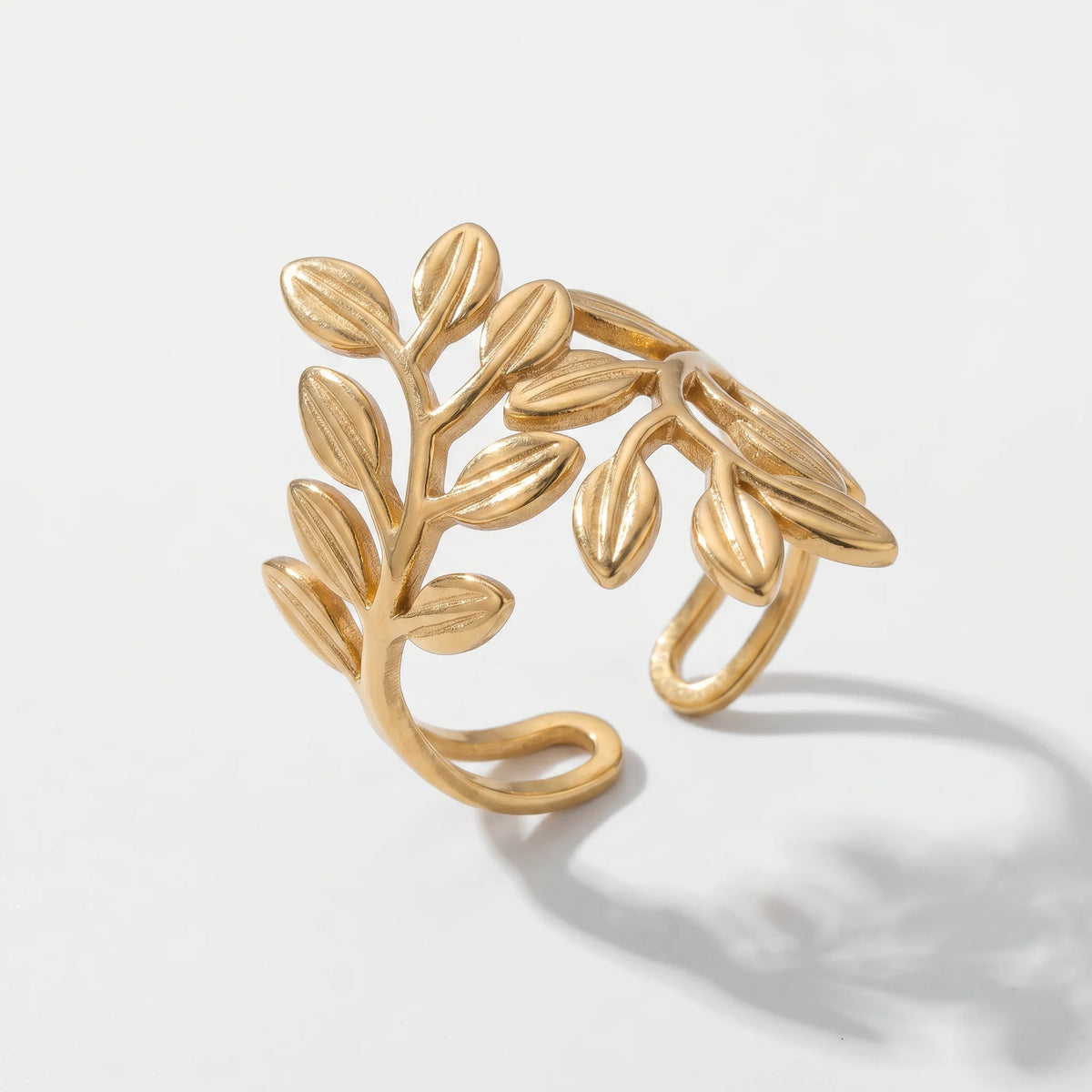 QIAOREN 5Pcs Boho Leaf Flower Gold Stainless Steel Rings Set Tarnish Free Adjustable Stackable Open Cuff Rings for Women
