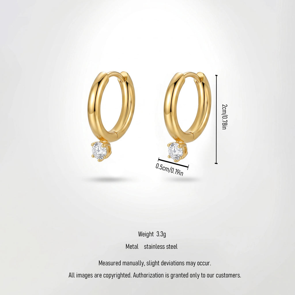 QIAOREN 12515 Stock Waterproof Tarnish Free Solitaire CZ Drop Earrings Stainless Steel Platinum Plated Small Chunky Hoops