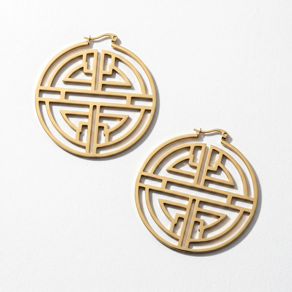 QIAOREN 11186 Vintage Chinese Style Hoop Earrings Gold Stainless Steel Hollow Geometric Statement Earrings for Women
