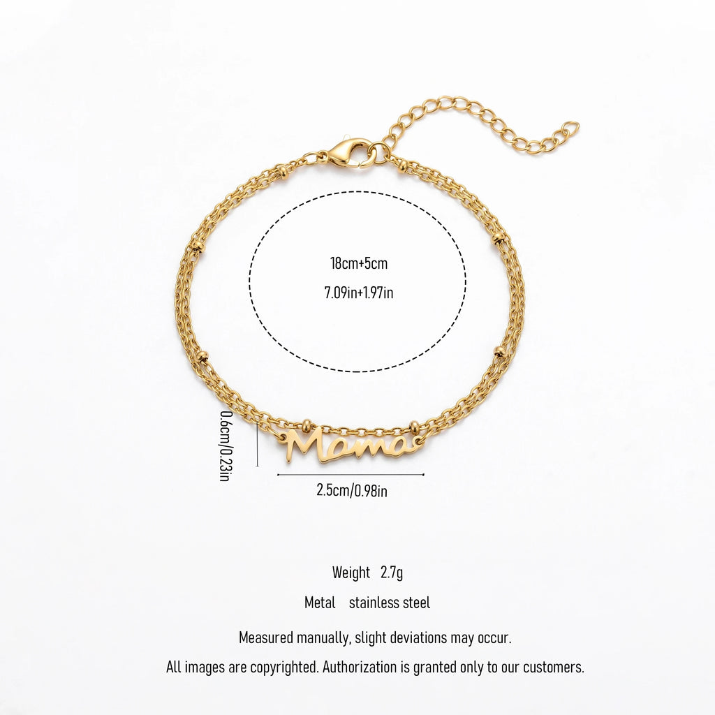 QIAOREN 11445 18K Gold Plated Cursive Mama Double Layer Bracelet With Beads Stainless Steel Tarnish Free