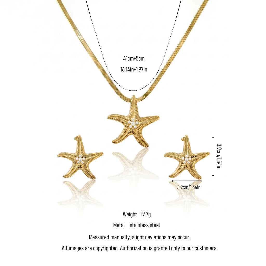 QIAOREN 11630 Boho Beach Starfish Jewelry Set 18K Gold Stainless Steel Pearl Snake Chain Necklace Earrings Vacation