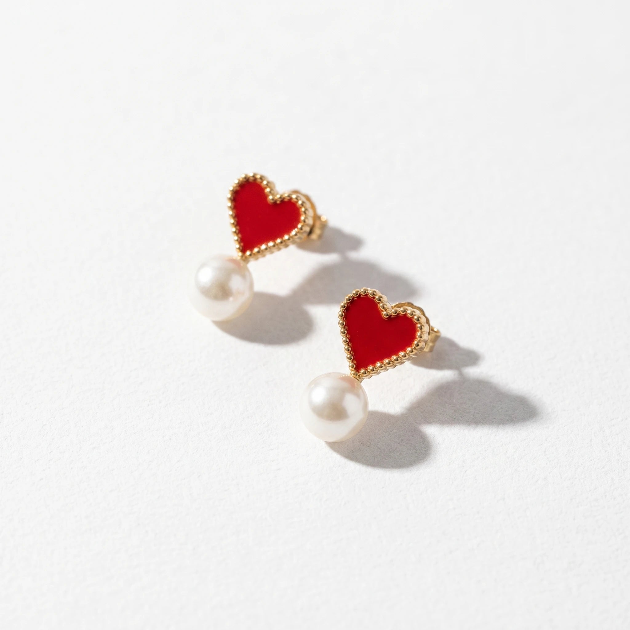QIAOREN 13817 Beaded Border Red Enamel Heart Drop Stud Earrings with Dangling Single Smooth White Pearl