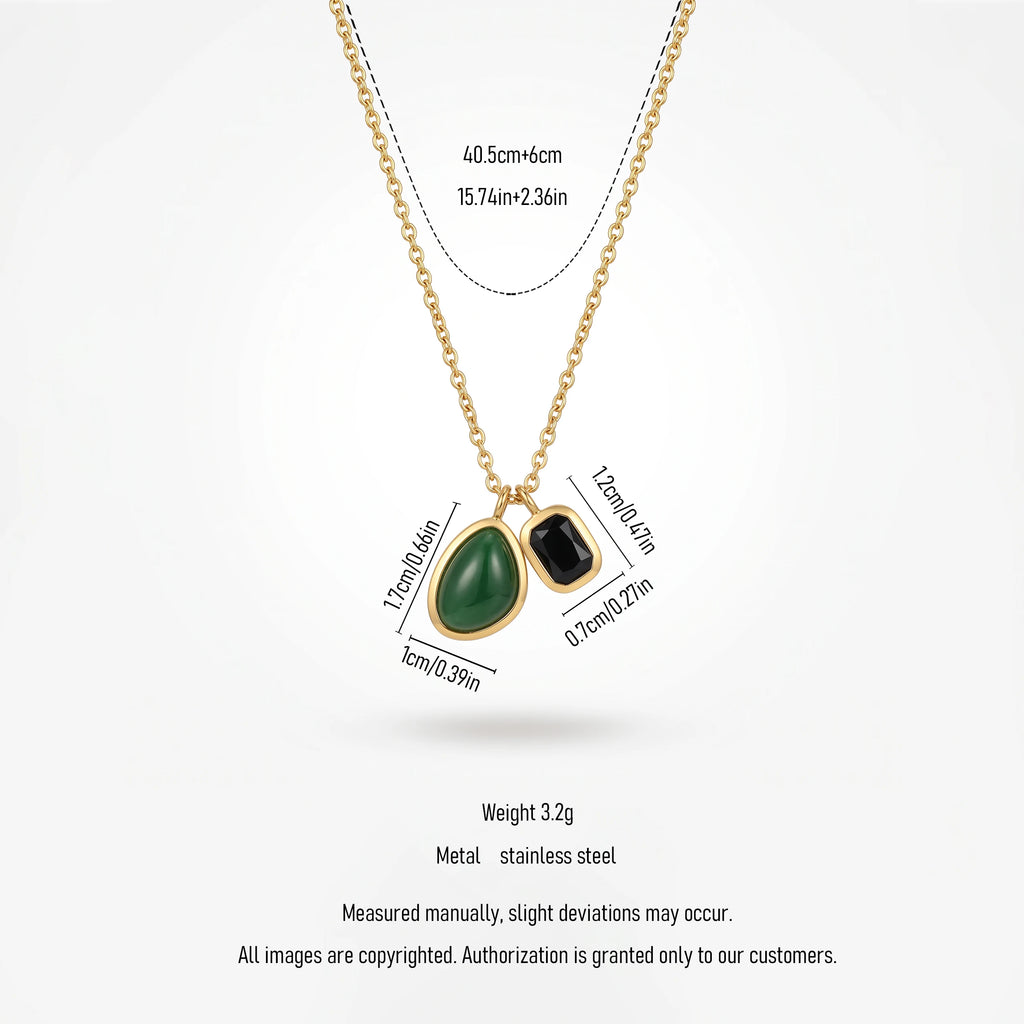 QIAOREN 13505 Two Pendant Emerald Oval Stone & Black Rectangle Crystal Necklace, Dainty Thin Cable Chain Dual Charms Necklace