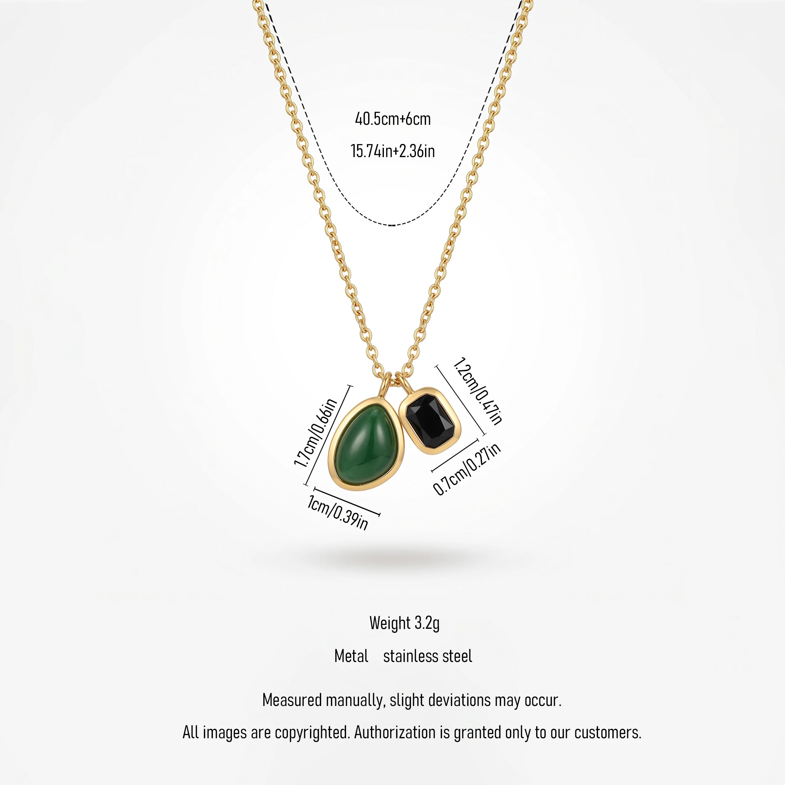 QIAOREN 13505 Two Pendant Emerald Oval Stone & Black Rectangle Crystal Necklace, Dainty Thin Cable Chain Dual Charms Necklace