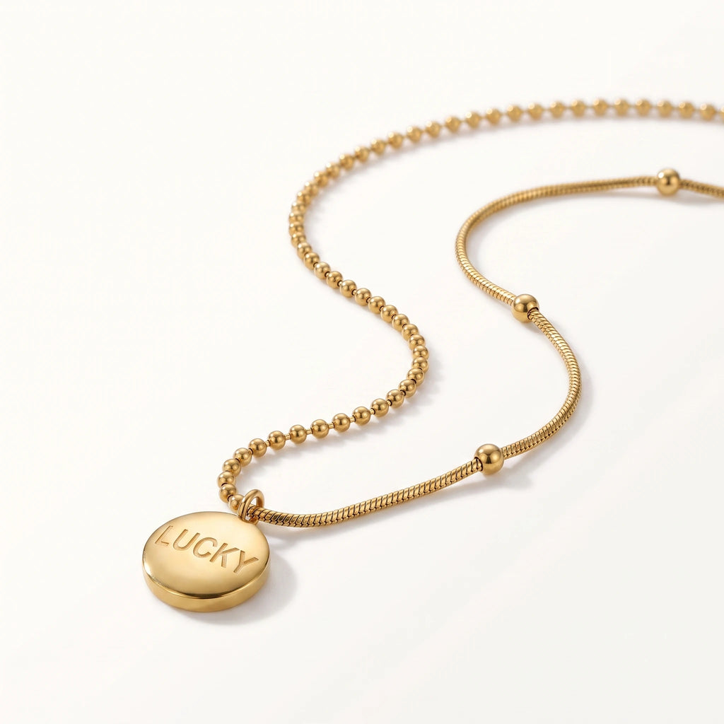 QIAOREN 13760 Asymmetric Dual Link Chain Pendant Necklace with Engraved LUCKY Round Disc Charm, Mixed Ball Bead & Snake Jewelry