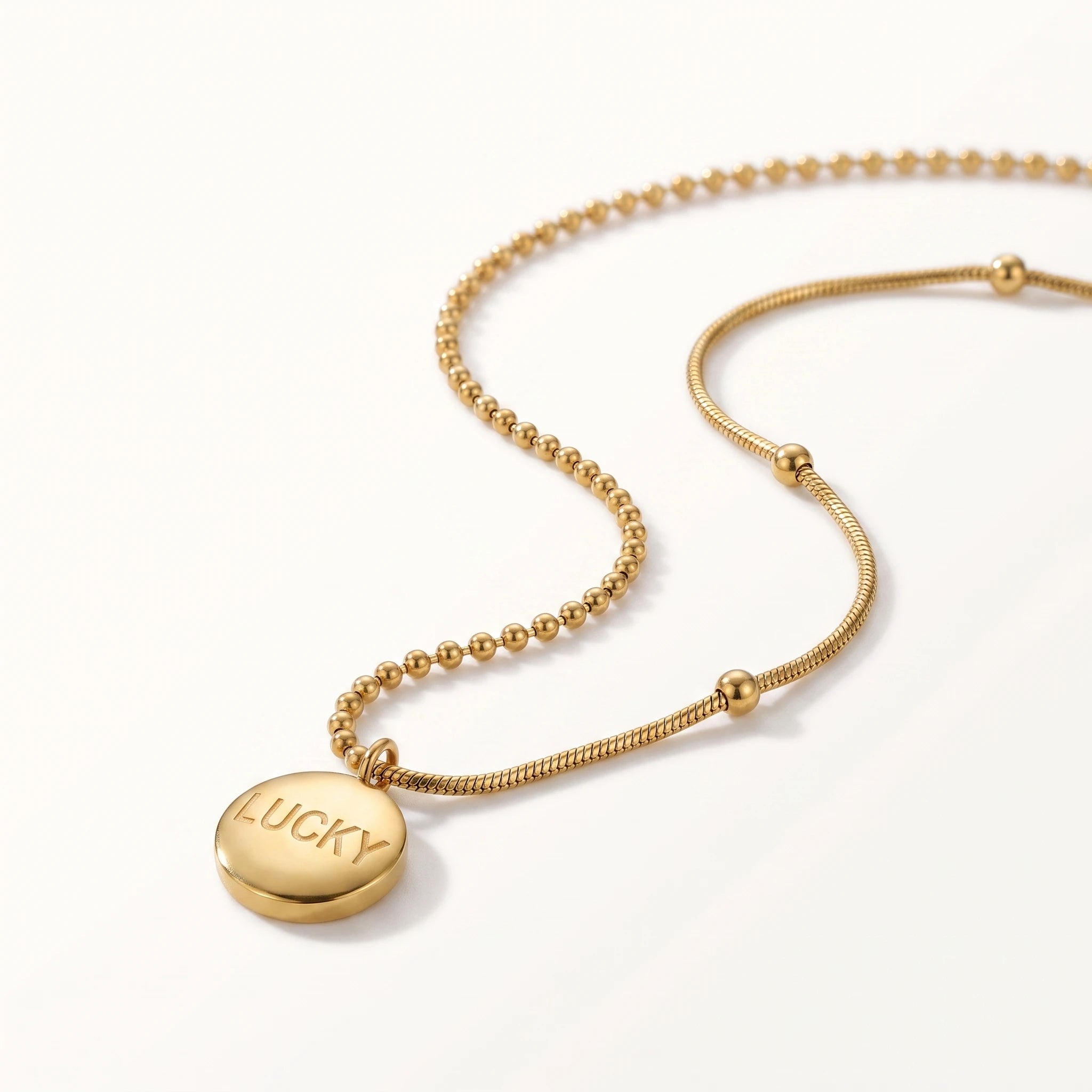 QIAOREN 13760 Asymmetric Dual Link Chain Pendant Necklace with Engraved LUCKY Round Disc Charm, Mixed Ball Bead & Snake Jewelry