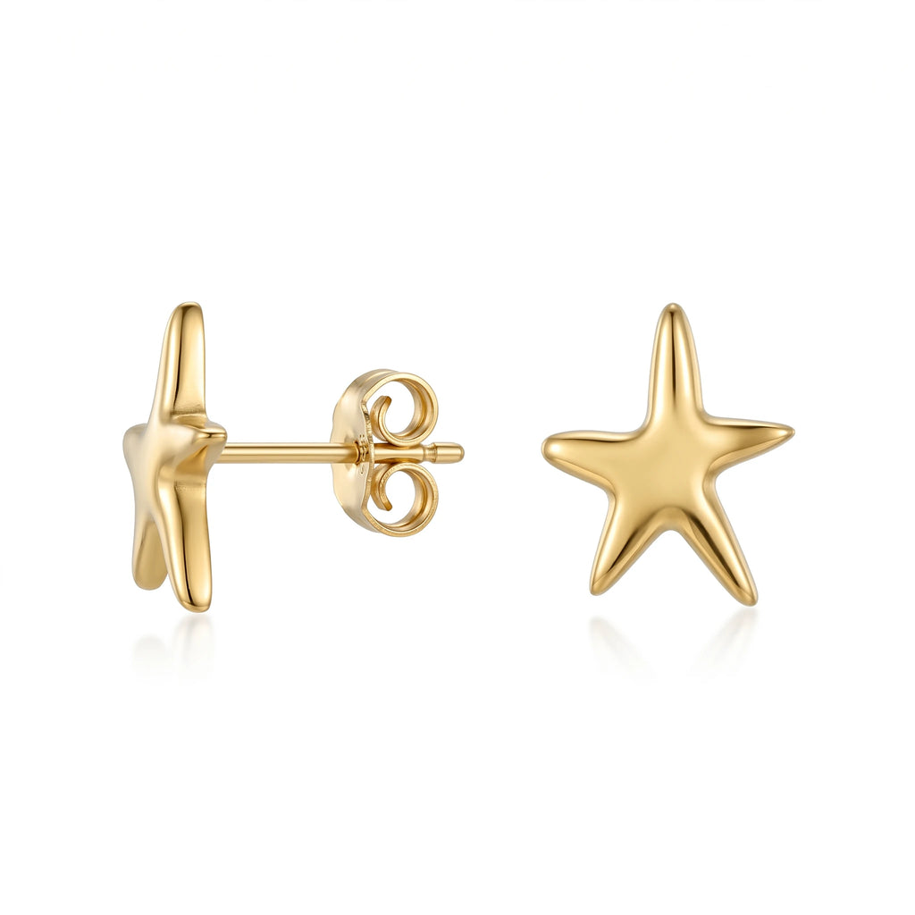 QIAOREN 10905 Tarnish Resistant Stainless Steel Starfish Earrings Hypoallergenic 18K Gold Plated Stud Earrings Trendy for Women