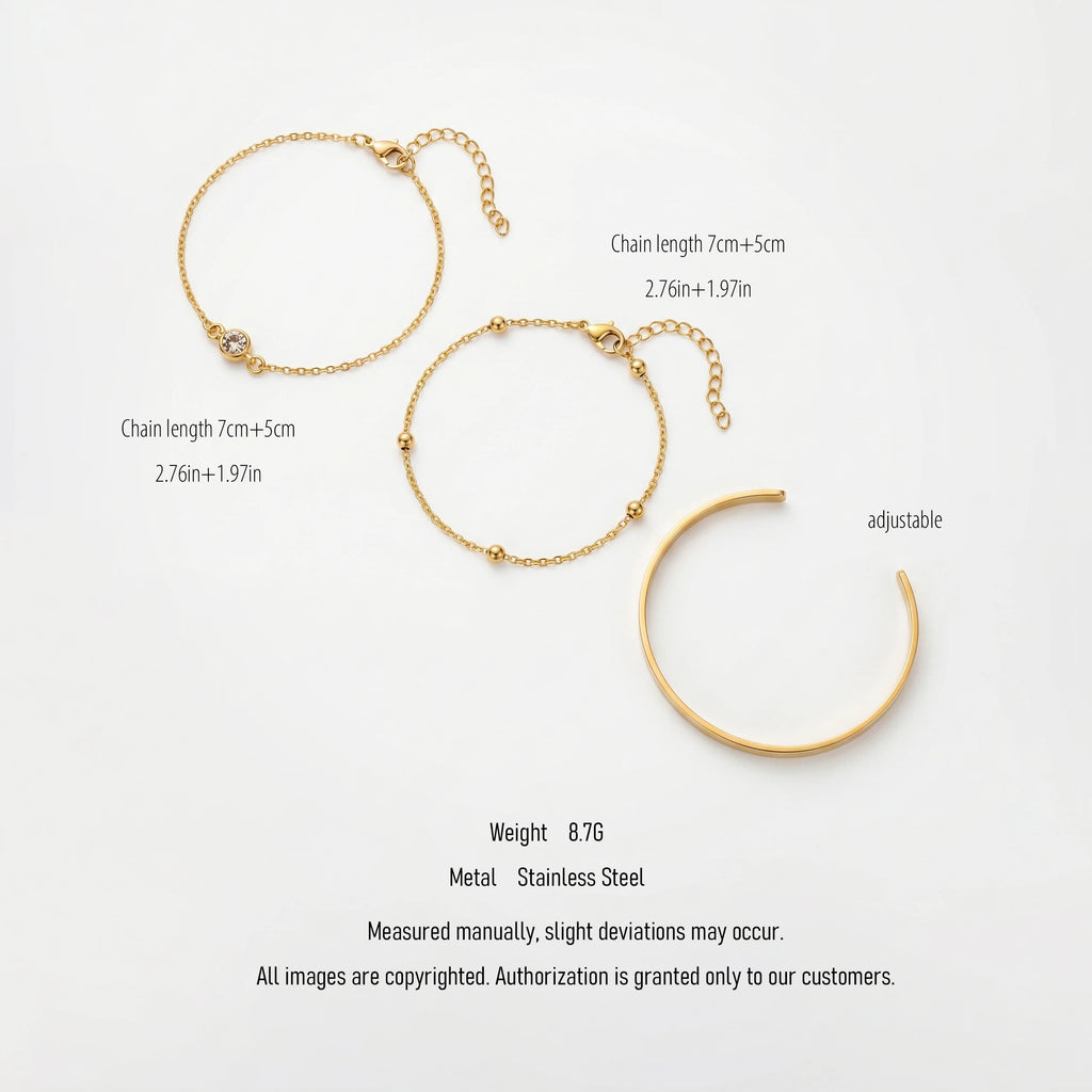 QIAOREN 10604 3 Pieces Classic Geometric Stackable Bracelet Set 18K Gold Plated Stainless Steel Chain Link Waterproof