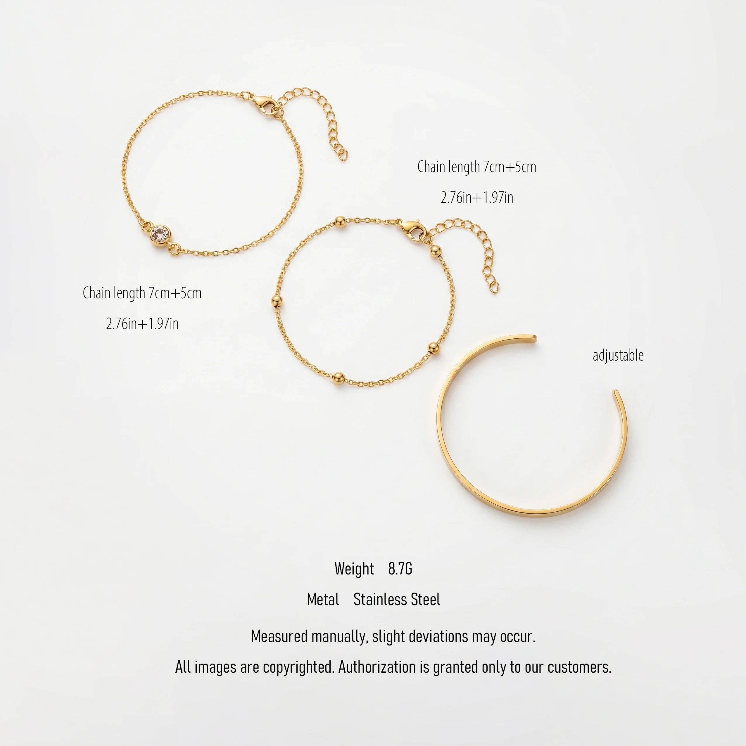 QIAOREN 10604 3 Pieces Classic Geometric Stackable Bracelet Set 18K Gold Plated Stainless Steel Chain Link Waterproof