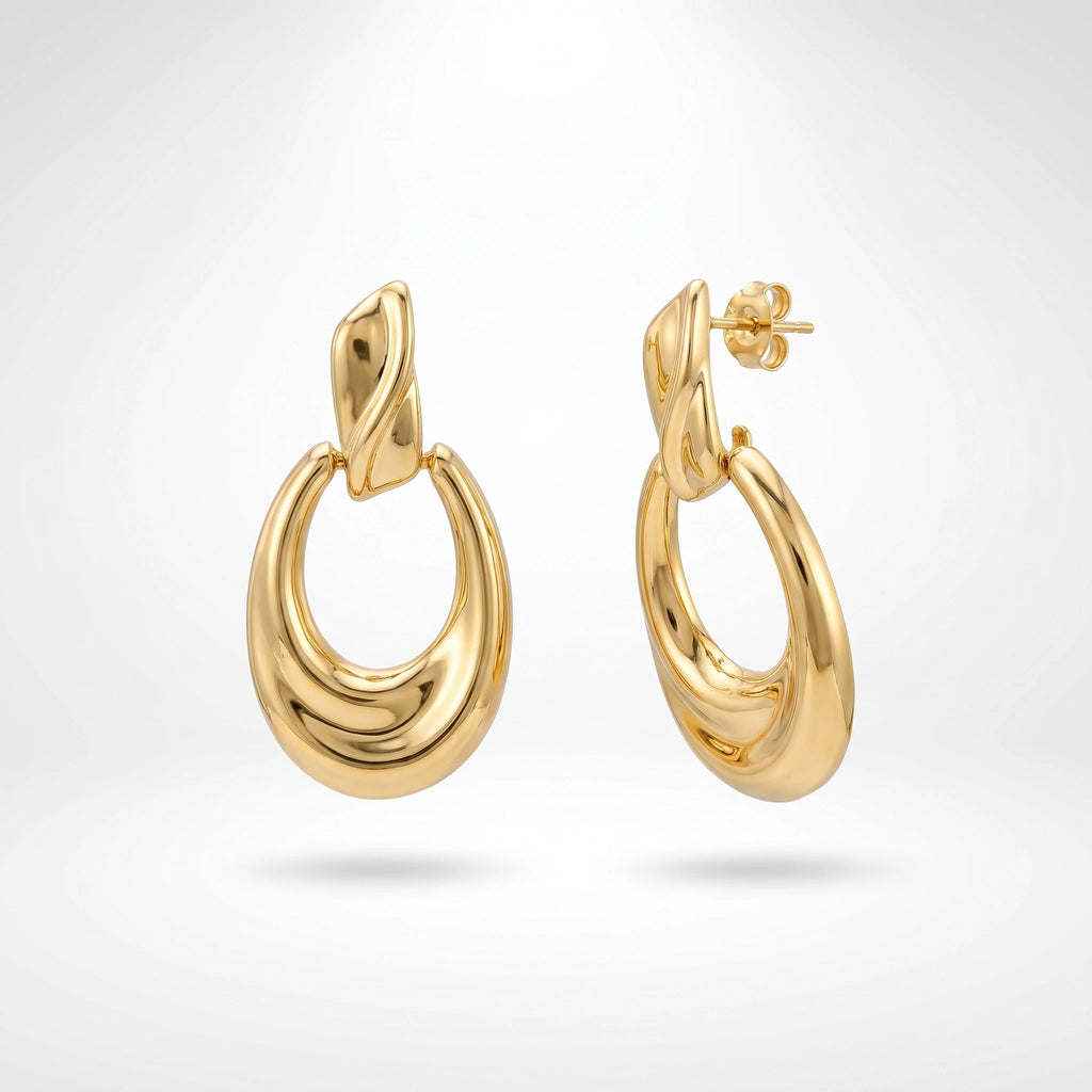 QIAOREN 14551 Twisted Leaf Teardrop Thick Tube Stud Earrings, Polished Gold Interlocked Earrings, Hypoallergenic Jewelry Gift