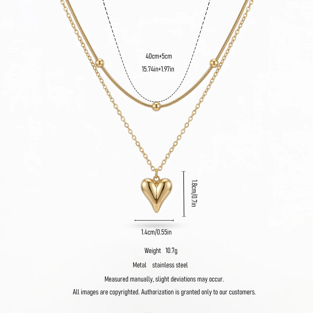 QIAOREN 11283 18K Gold Plated Layered Snake Chain Heart Pendant Necklace Stainless Steel Tarnish Free Waterproof Jewelry