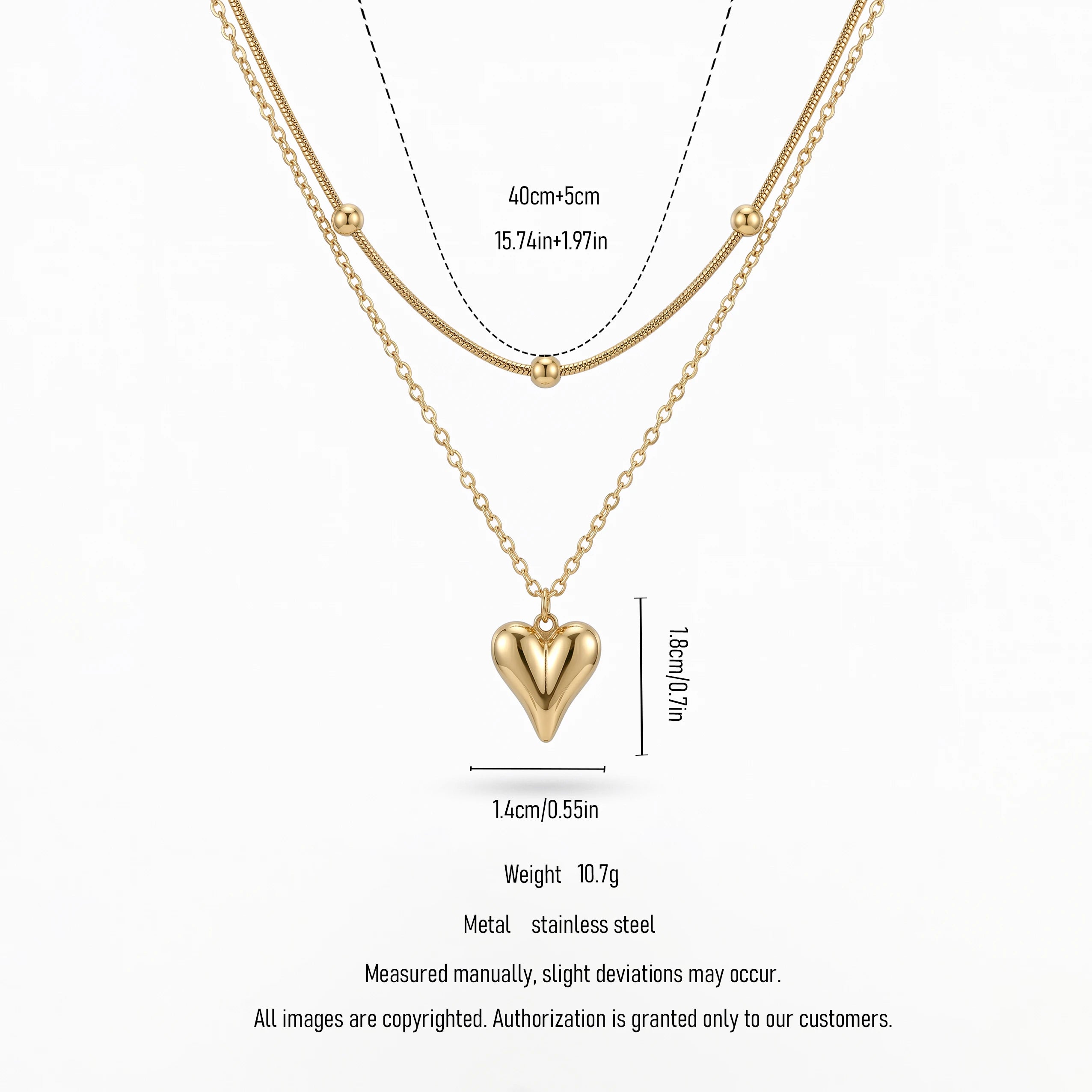 QIAOREN 11283 18K Gold Plated Layered Snake Chain Heart Pendant Necklace Stainless Steel Tarnish Free Waterproof Jewelry