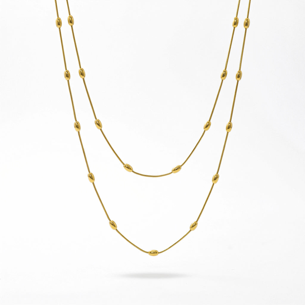 QIAOREN 13568 Gold Stainless Steel Layered Long Chain Necklace with Beaded Station Design Minimalist Fashion Jewelry for Women
