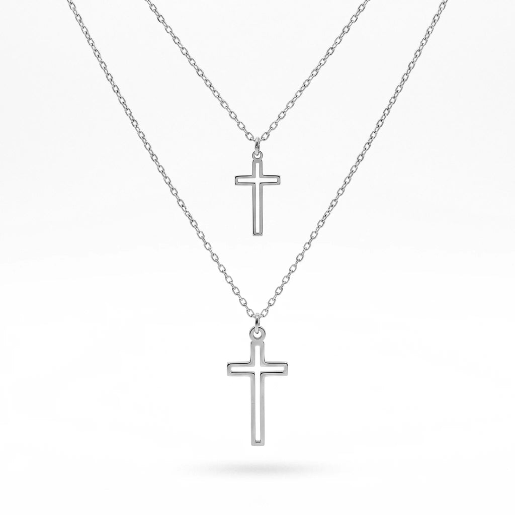 QIAOREN 11973 European Hot Sell Stainless Steel Layered Open Cross Pendant Necklace Cutout Two-Tier Cross Chain Necklaces