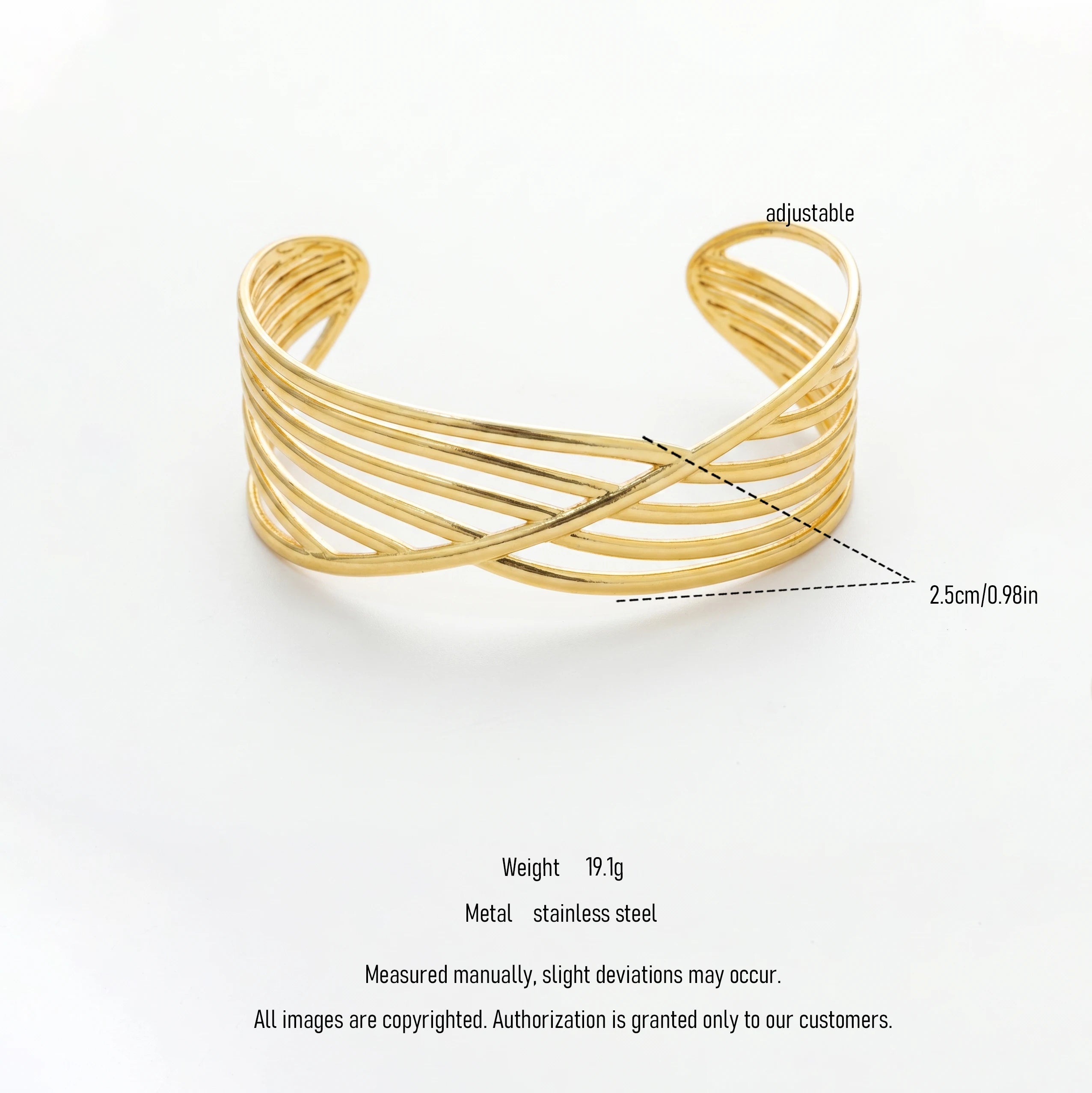 QIAOREN 12673Abstract Overlapping Curved Wire Wide Cuff Bangle Hypoallergenic Stainless Steel Gold Bracelet Party Birthday Gift