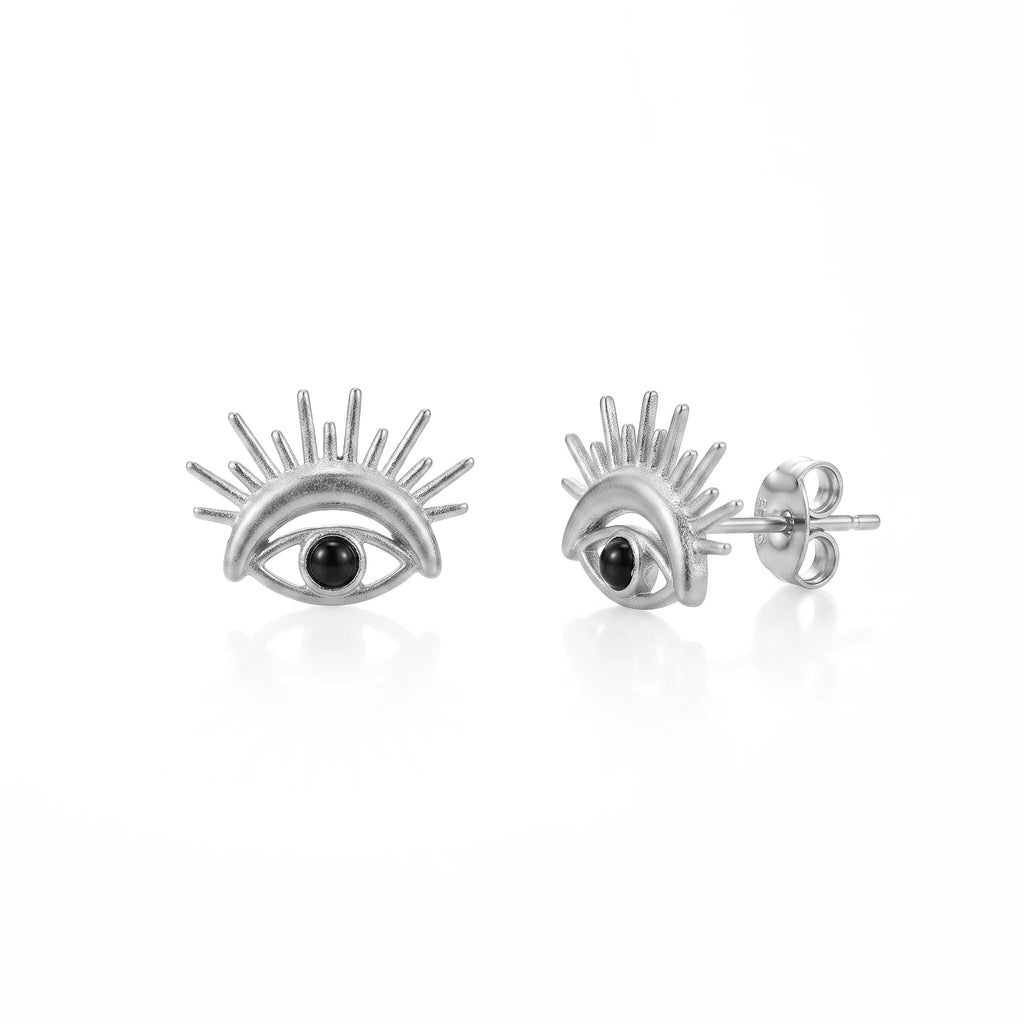 QIAOREN 14033 Matte Gold Stud Earrings With Sunburst Spike Detail, Black Round Bead Inlay Protective Symbol Ear Stud