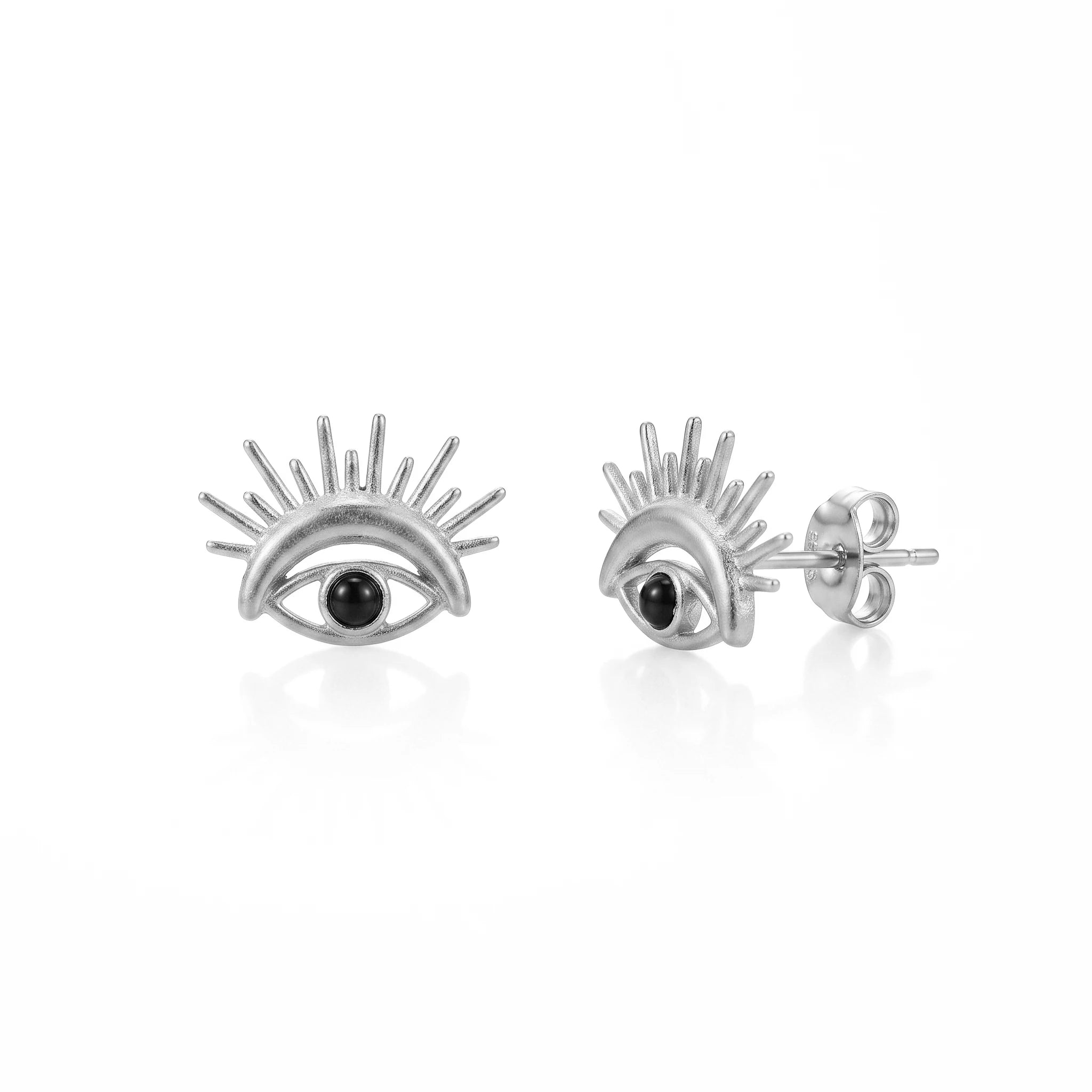 QIAOREN 14033 Matte Gold Stud Earrings With Sunburst Spike Detail, Black Round Bead Inlay Protective Symbol Ear Stud