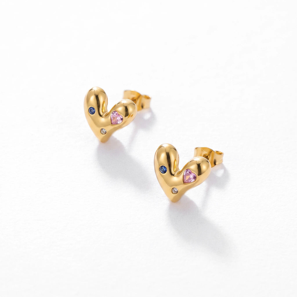 QIAOREN 13967-68 Stainless Steel Puffy Heart Stud Earrings Gold Crystal Heart Earrings Dainty Cute Jewelry for Women