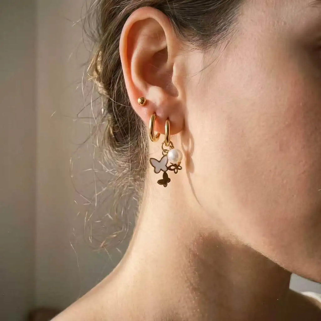 QIAOREN 14498 3 Pcs Stainless Steel Gold Ball Studs Plain Quartz Butterfly Pearl Dangle Earrings Multi Jewelry Gift