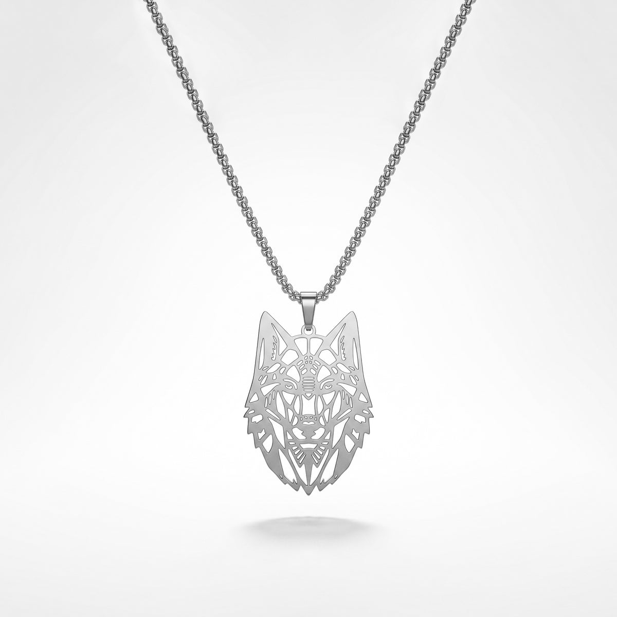 QIAOREN 12045 Gold Plated Stainless Steel Wolf Head Pendant Necklace Cutout Animal Charm Box Chain Punk Jewelry for Men Women