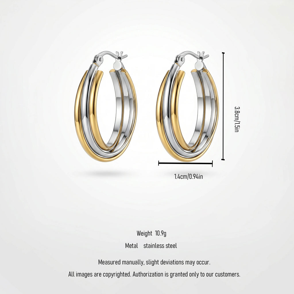 QIAOREN 12405 Waterproof Tarnish Free Triple Band Hoop Earrings Gold Silver Two-Tone Multi-Layer Latchback Hoops Europe US